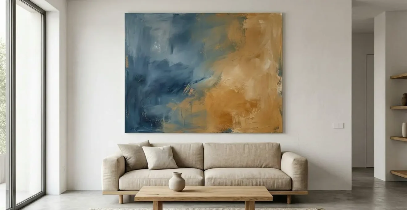 Immersive contemporary living room featuring large-scale color field abstract expressionist painting creating emotional atmosphere through vast color expanses