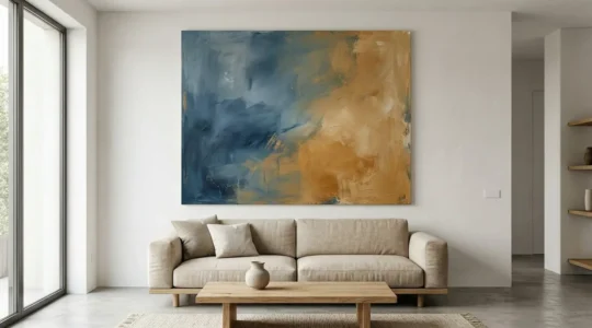 Immersive contemporary living room featuring large-scale color field abstract expressionist painting creating emotional atmosphere through vast color expanses