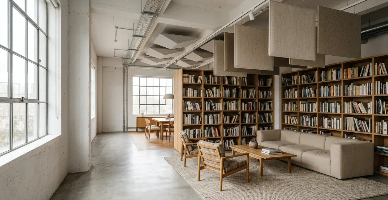 Modern loft interior with strategic furniture placement and textured surfaces creating acoustic zones without traditional walls