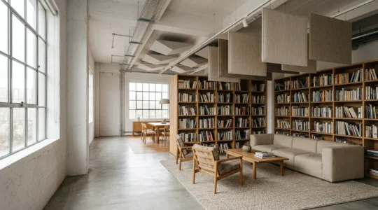 Modern loft interior with strategic furniture placement and textured surfaces creating acoustic zones without traditional walls
