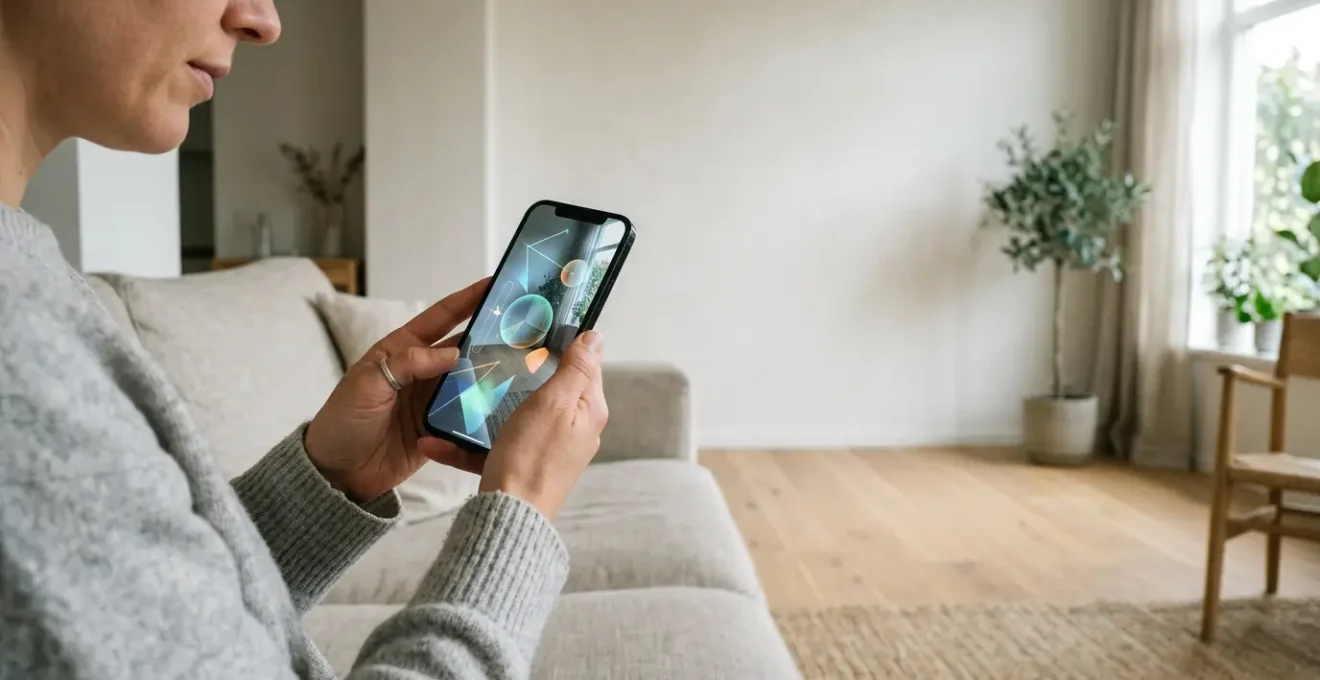 Person holding smartphone using augmented reality app to visualize furniture placement in minimalist living room