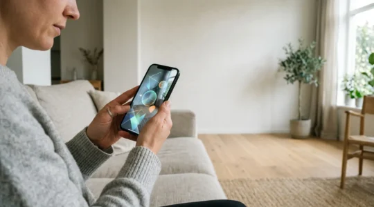 Person holding smartphone using augmented reality app to visualize furniture placement in minimalist living room