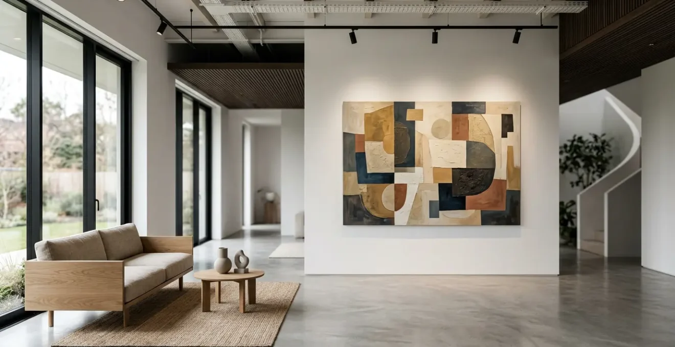 Modern residential living space designed around large-scale contemporary art installation with museum-grade lighting and architectural precision