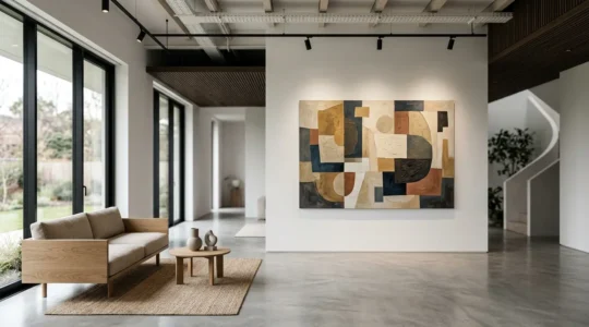 Modern residential living space designed around large-scale contemporary art installation with museum-grade lighting and architectural precision