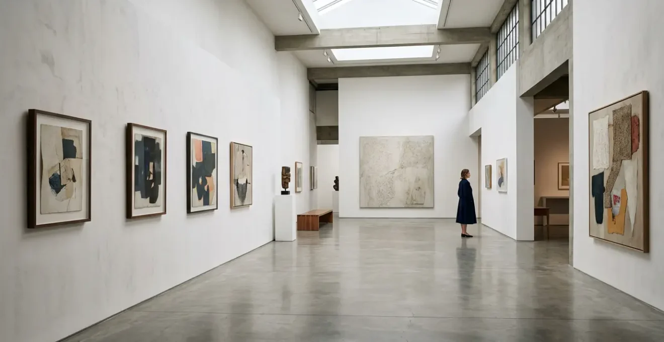 Contemporary art collector examining valuable artwork pieces in modern gallery space with investment growth concept