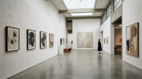 Contemporary art collector examining valuable artwork pieces in modern gallery space with investment growth concept