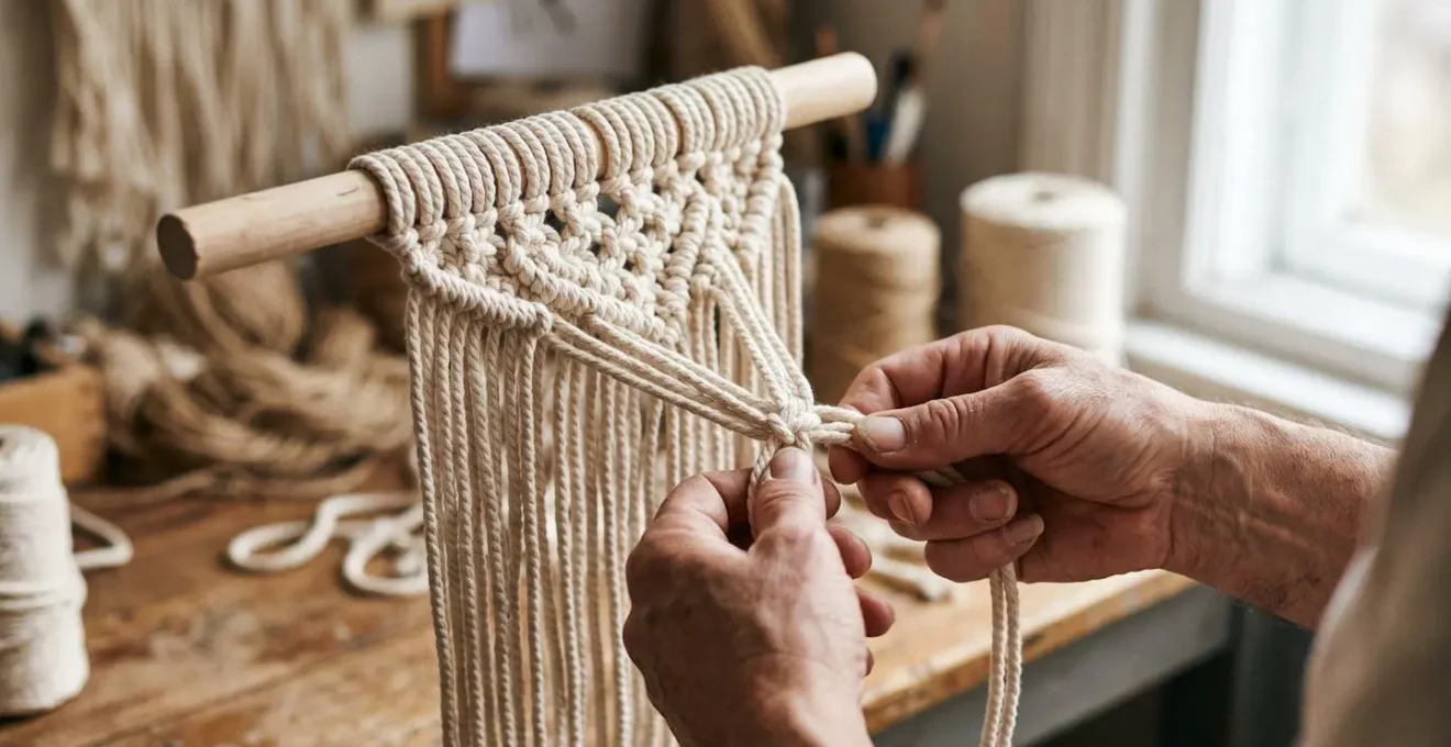 Close-up of artisan hands working on macrame knots showing human craft imperfections