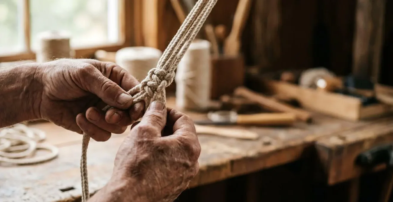 Artisan hands creating intricate macrame knots showing skilled craftsmanship and natural fiber texture