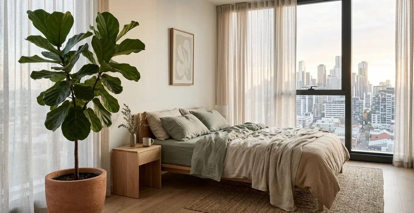 Serene urban apartment bedroom featuring natural biophilic design elements with soft morning light and organic textures