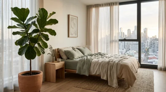 Serene urban apartment bedroom featuring natural biophilic design elements with soft morning light and organic textures