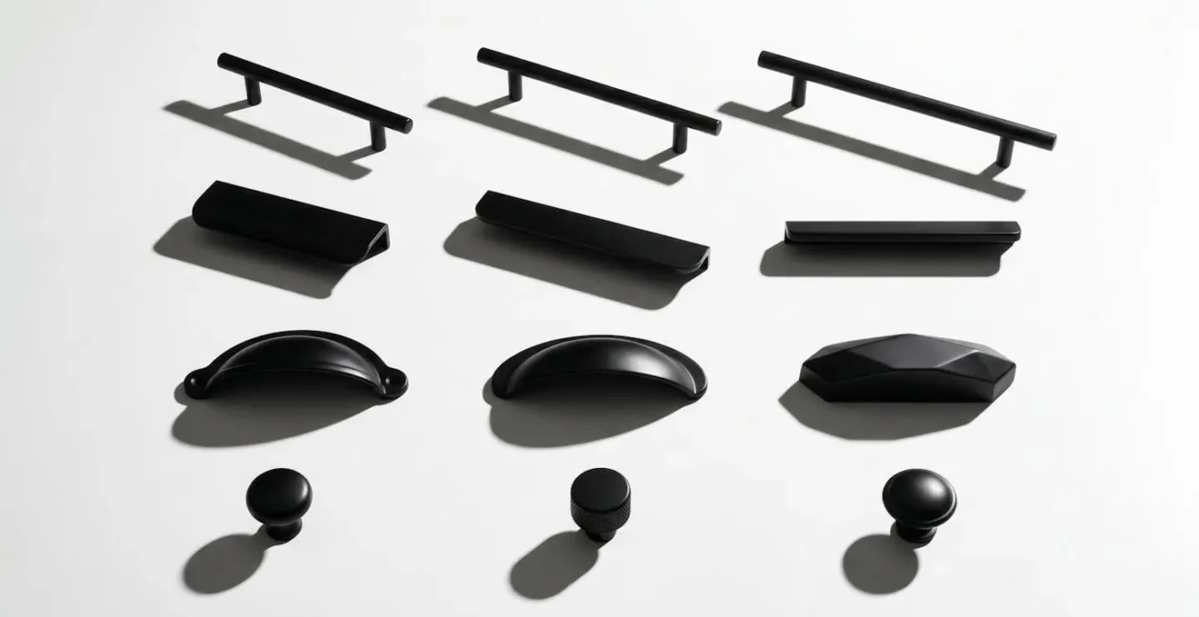 Various black cabinet hardware shapes casting distinct shadow patterns on white surface