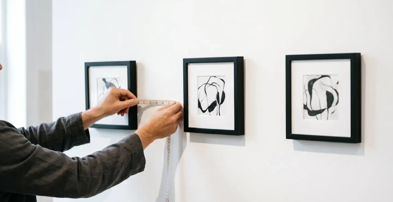 Three black-framed artworks arranged with precise spacing demonstrating negative space principle