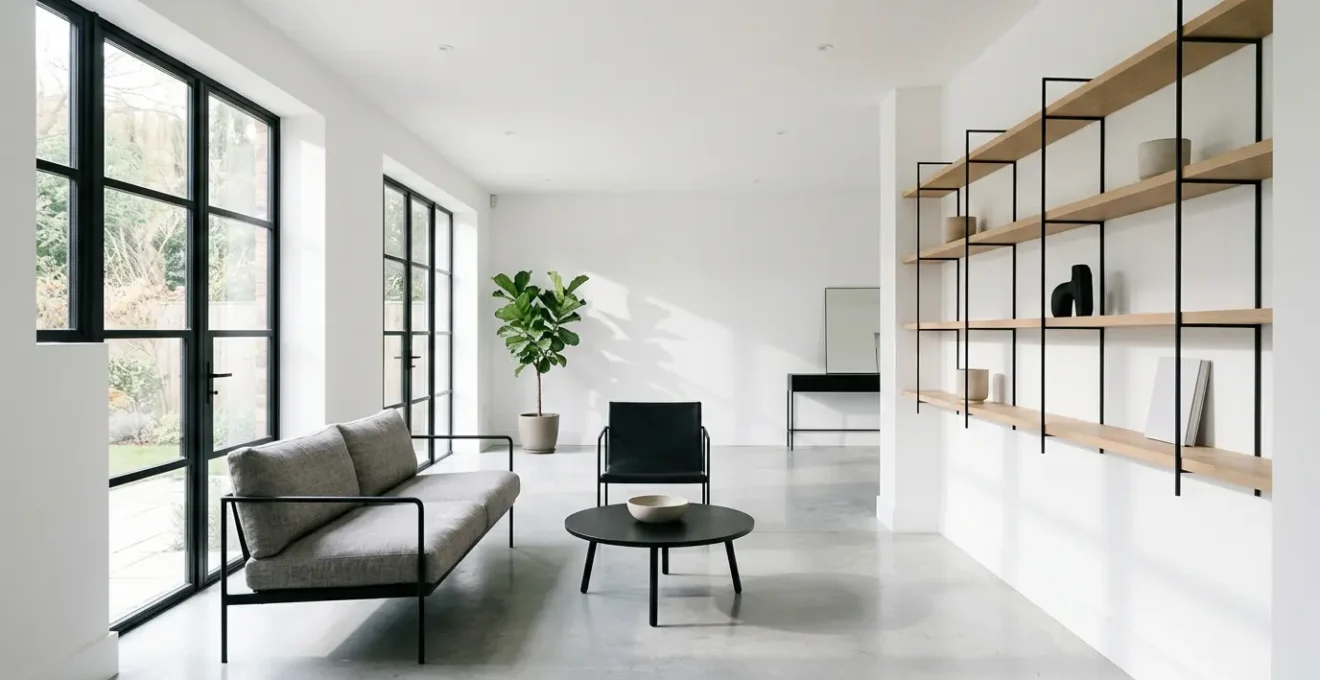 Modern white living room with black metal window frames and furniture accents creating visual zones