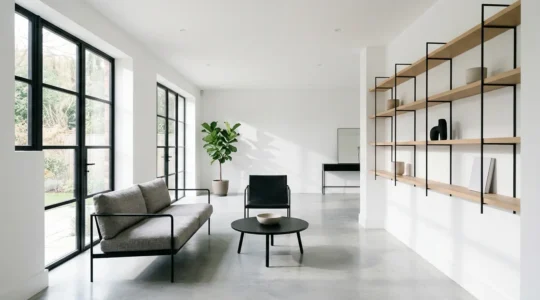 Modern white living room with black metal window frames and furniture accents creating visual zones