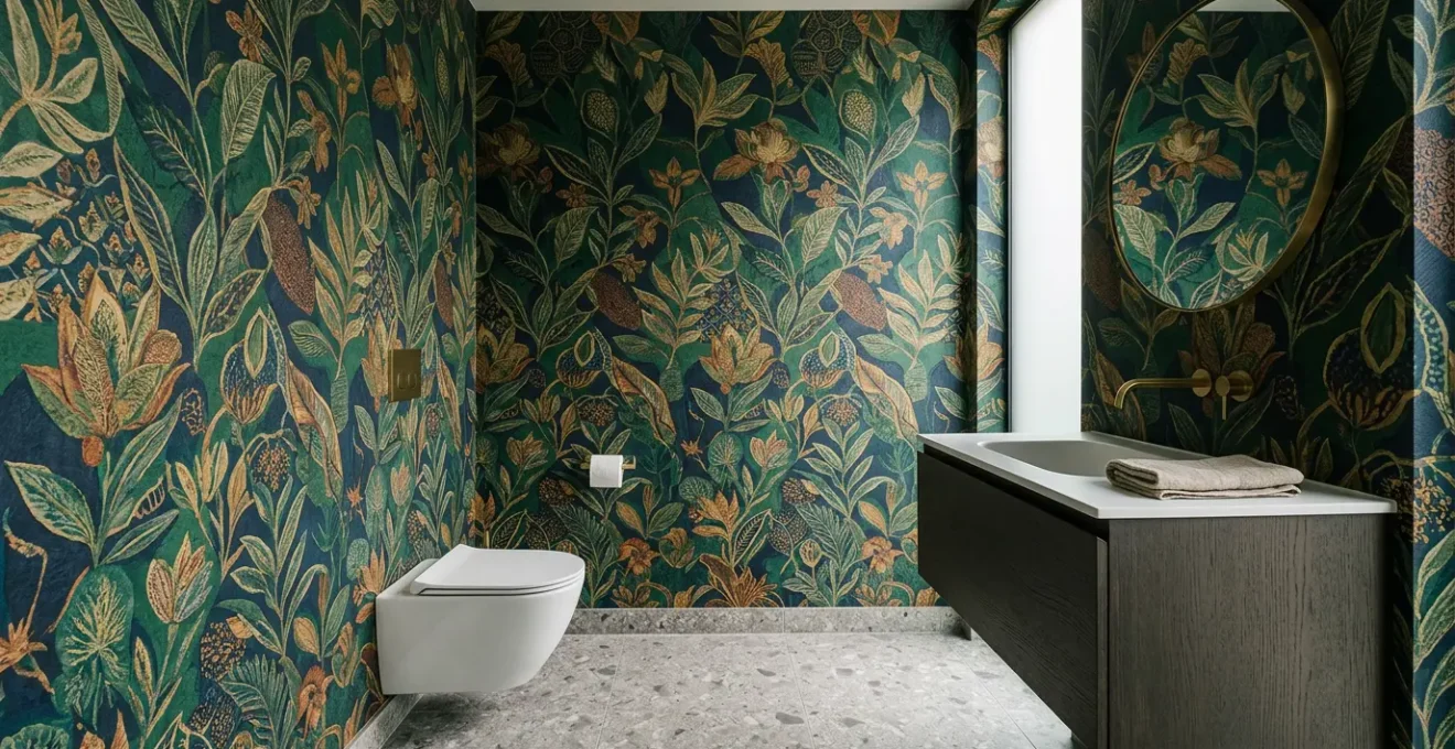 Luxurious small powder room featuring bold patterned wallpaper creating dramatic visual impact