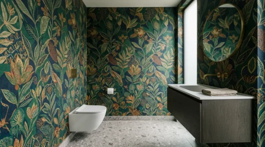 Luxurious small powder room featuring bold patterned wallpaper creating dramatic visual impact