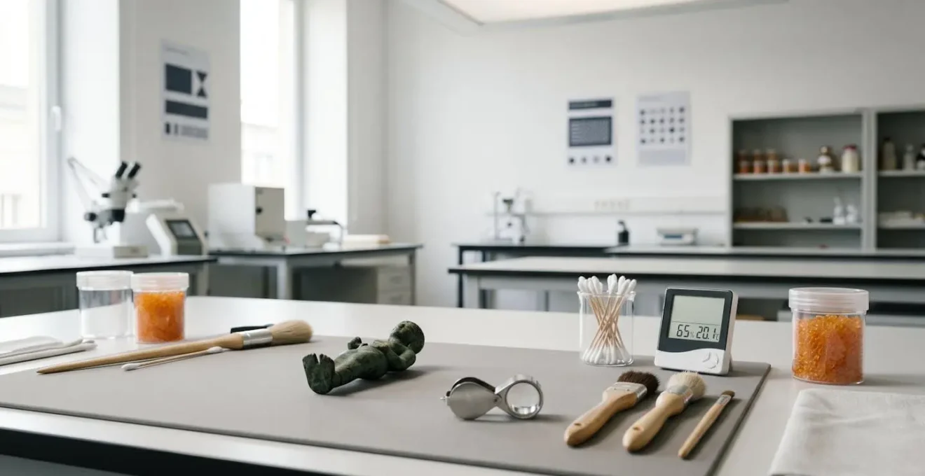 Environmental setup showing bronze conservation assessment with diagnostic tools and humidity control in professional laboratory setting