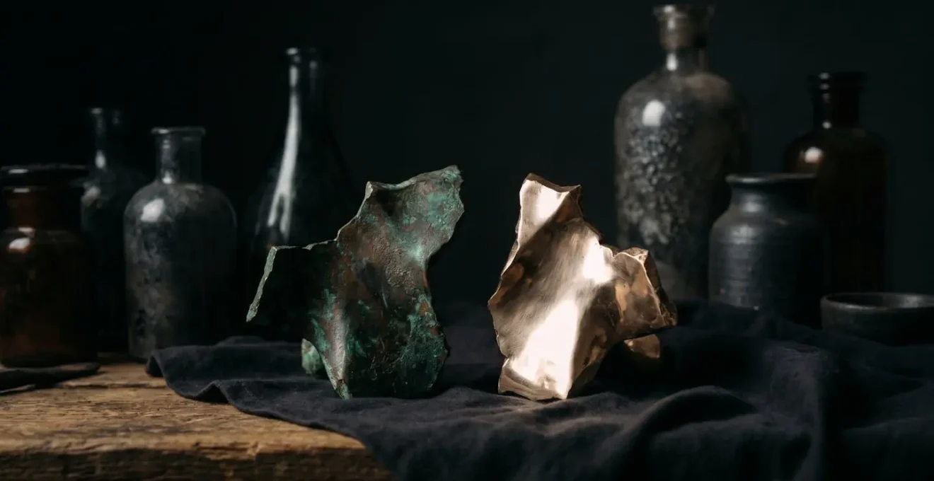Symbolic representation of irreversible micro-abrasion damage on bronze surface through contrasting textures and lighting