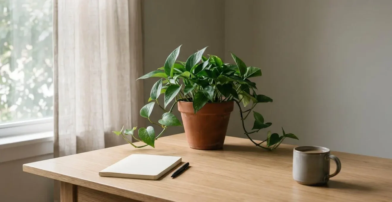 Peaceful minimalist remote work desk with single statement plant and natural light creating visual order and reducing anxiety