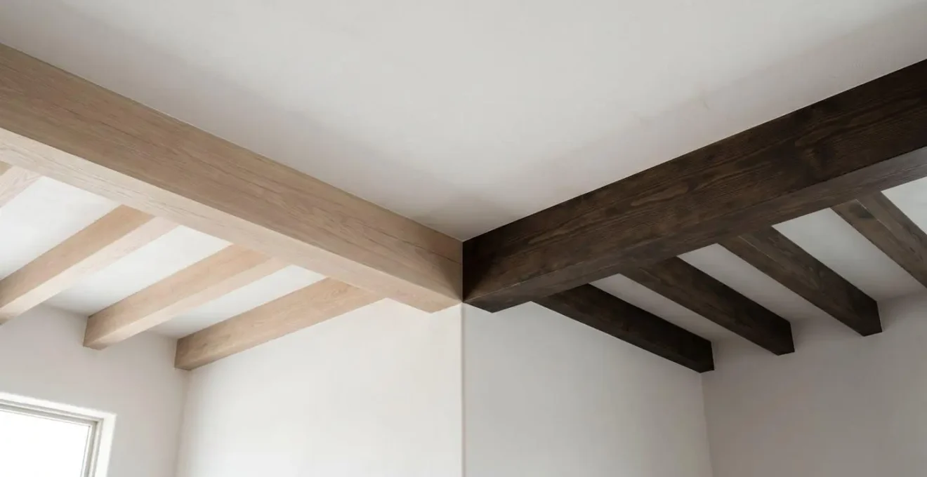 Symmetrical comparison showing two identical room corners with exposed beams, demonstrating light versus dark finish effects on spatial perception