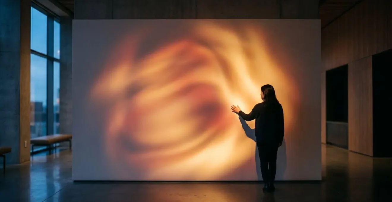 Abstract visualization of warm light gradually dimming on an interactive wall as evening transitions to night