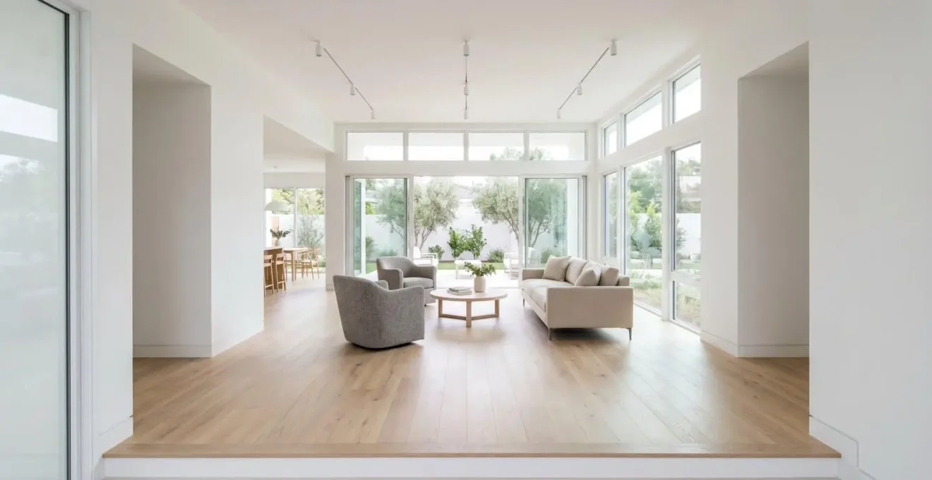 Wide shot showing clear pathways and protected sightlines in professionally staged home interior