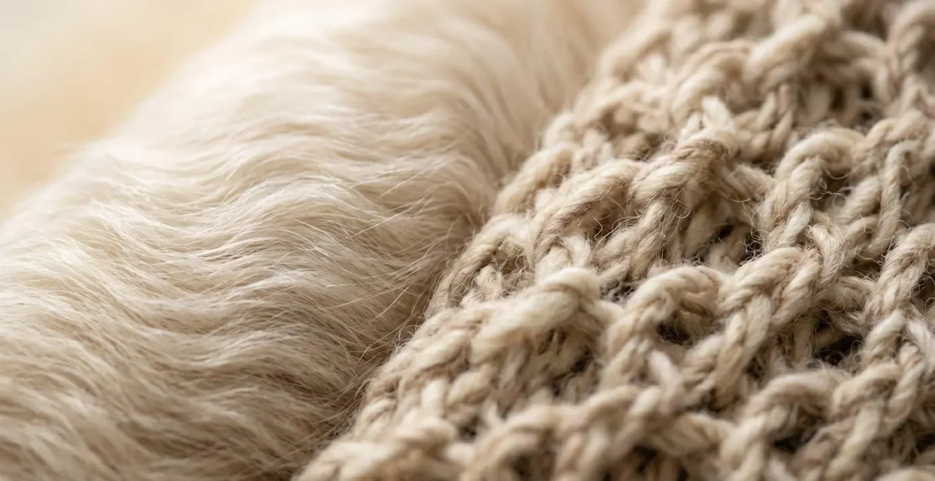 Extreme close-up macro photograph of natural sheepskin fibers and chunky wool textile showing textural contrast and tactile depth