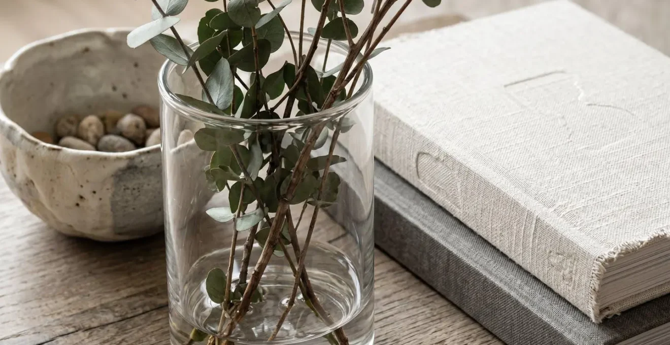 Macro close-up of coffee table styling showcasing the rule of three with varied heights and textures