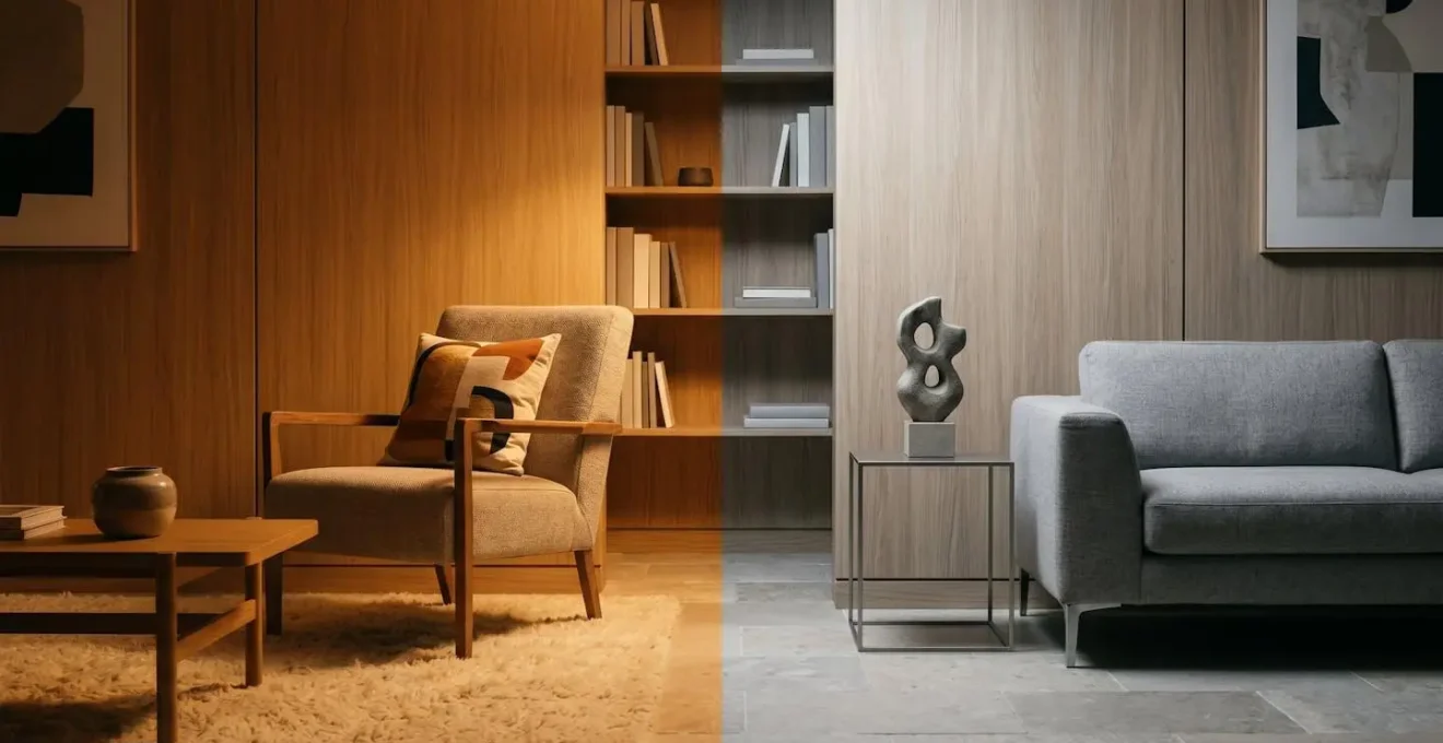 Split composition comparing warm 2700K and cool 4000K lighting effects in modern residential interior