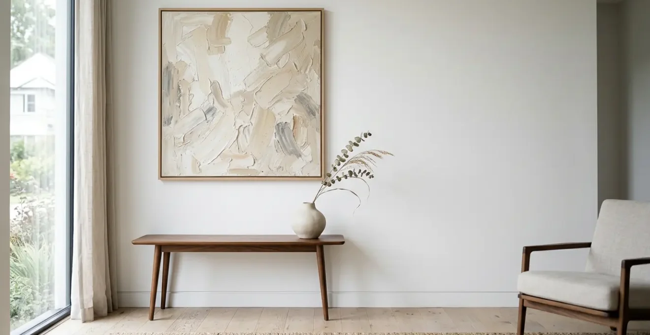 Contemporary minimalist interior featuring textured impasto painting on clean white wall with dramatic natural lighting