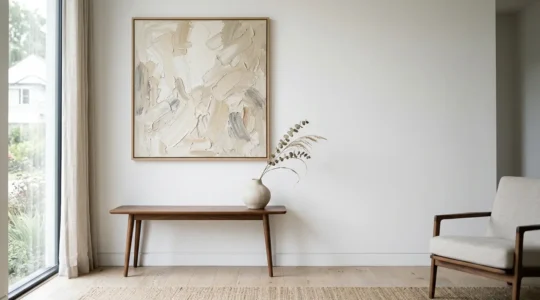 Contemporary minimalist interior featuring textured impasto painting on clean white wall with dramatic natural lighting