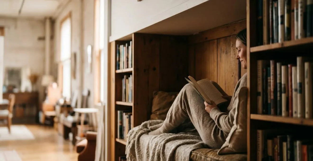 Intimate reading nook with partial enclosure and view into larger loft space showing prospect-refuge design principle