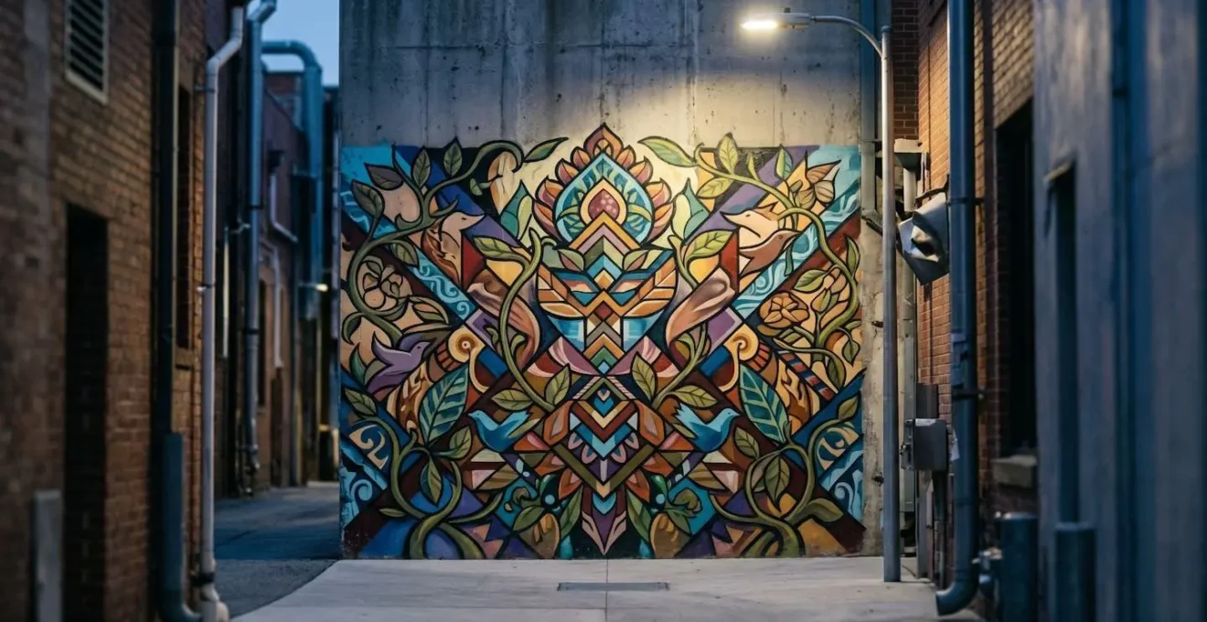Well-maintained urban wall featuring artistic mural in residential neighborhood demonstrating crime prevention through environmental design principles