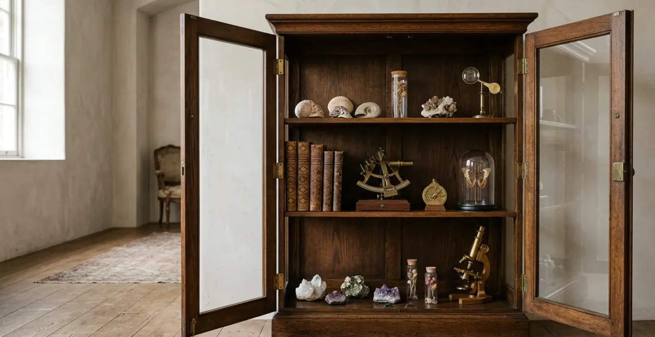 An editorial still life showcasing a thoughtfully arranged cabinet of curiosities with natural specimens, vintage objects, and scientific artifacts displayed with deliberate spacing and subtle dramatic lighting