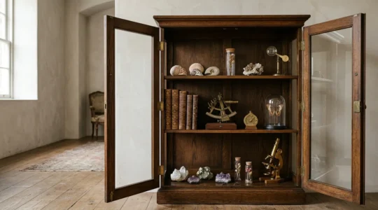 An editorial still life showcasing a thoughtfully arranged cabinet of curiosities with natural specimens, vintage objects, and scientific artifacts displayed with deliberate spacing and subtle dramatic lighting