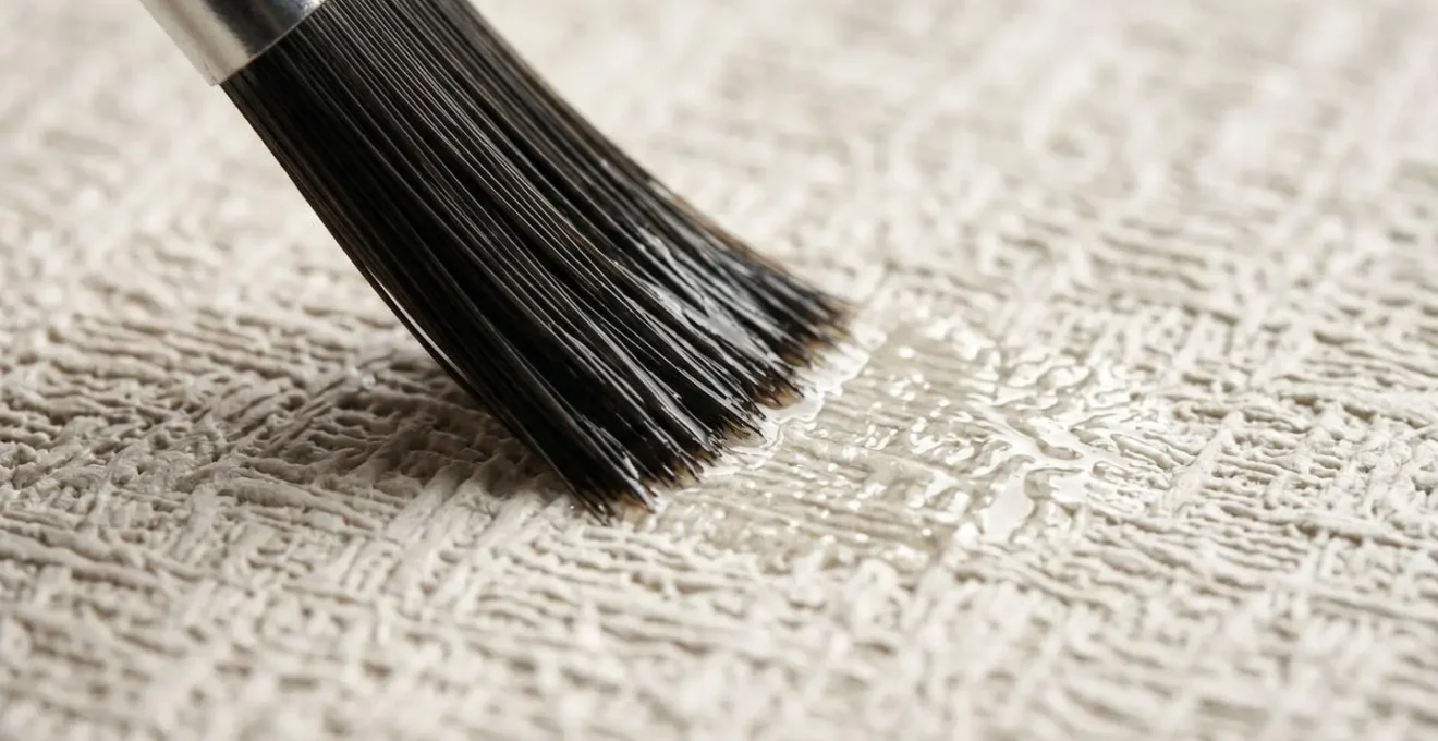 Close-up detail of clear varnish being applied to wallpaper surface with a fine brush for waterproofing