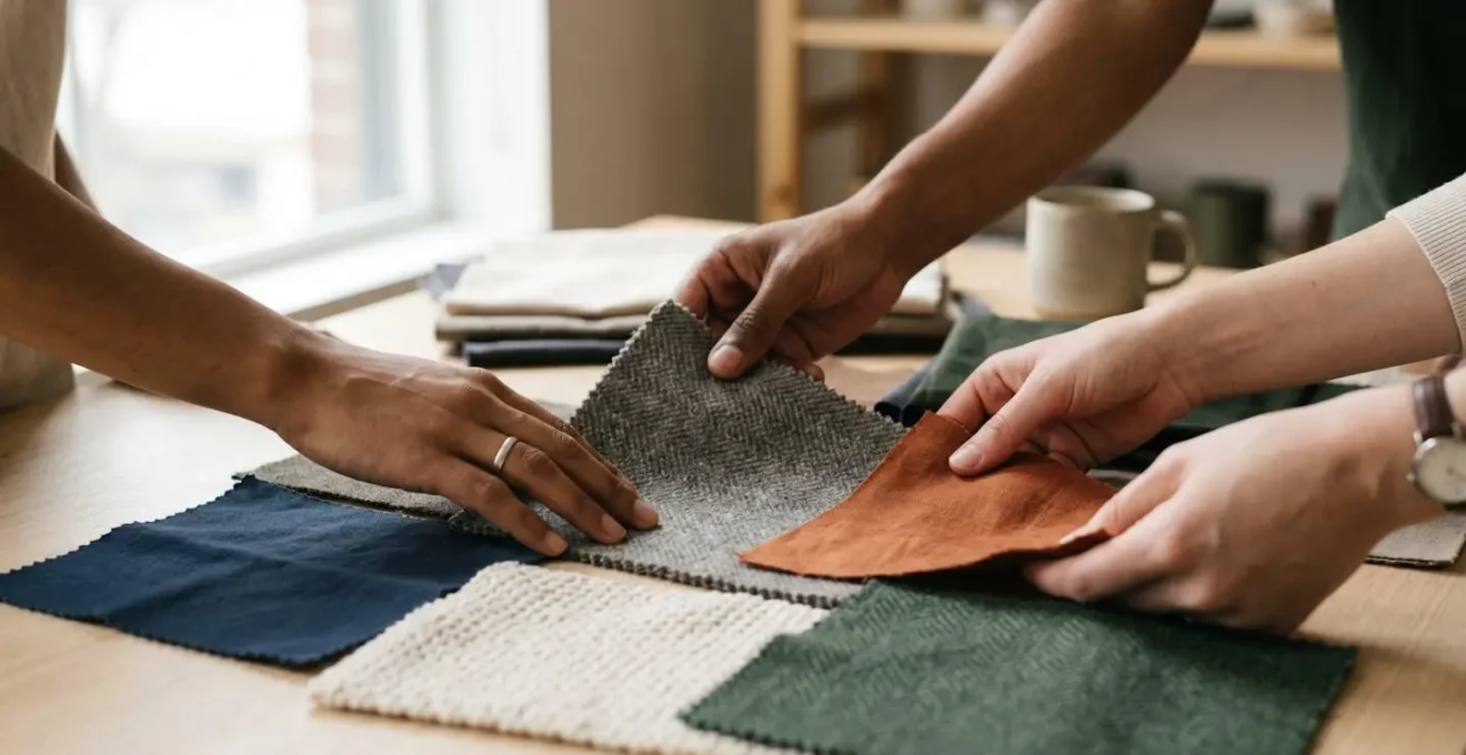 Human hands examining fabric samples and material swatches together in natural window light showing collaborative design process