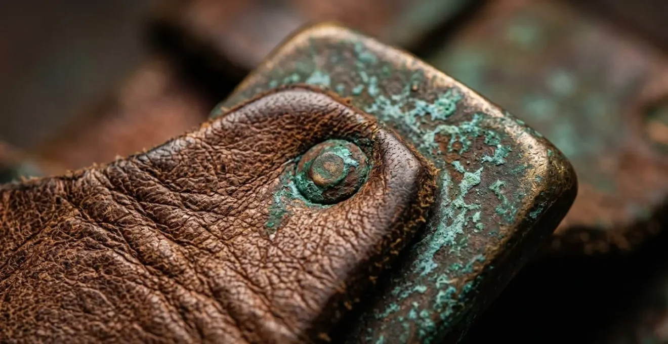 Extreme close-up macro photography showing authentic patina and material aging on vintage designer furniture