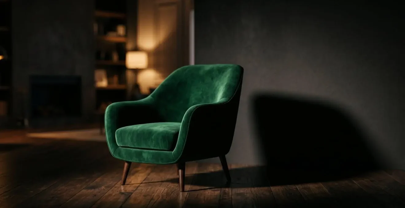 Luxury armchair illuminated by precision accent lighting creating dramatic shadows and highlighting fabric texture in darkened contemporary interior