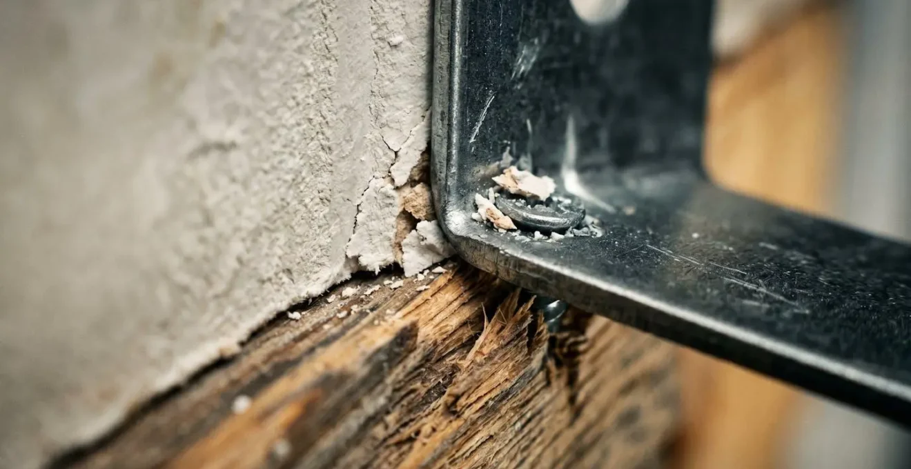 An extreme macro photograph revealing the material stress point where a heavy artwork mount meets drywall structure, showing the critical difference between shear and tensile load applications