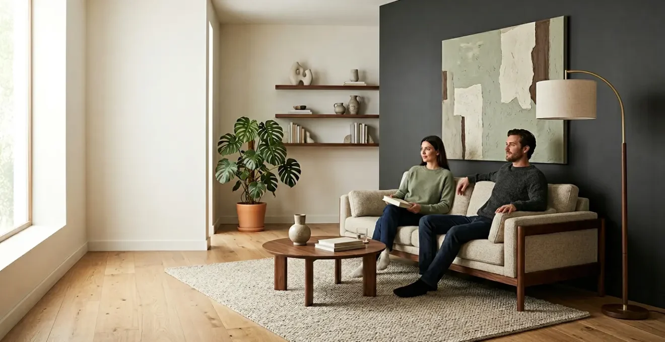 Modern living room showcasing ergonomic furniture design with proper seating angles and natural lighting creating a harmonious balance between comfort and contemporary aesthetics