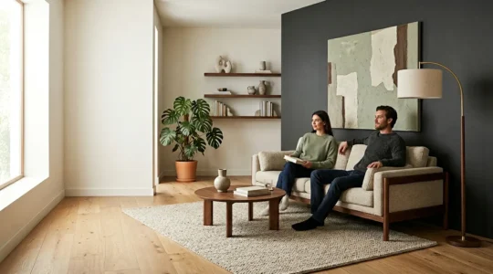 Modern living room showcasing ergonomic furniture design with proper seating angles and natural lighting creating a harmonious balance between comfort and contemporary aesthetics