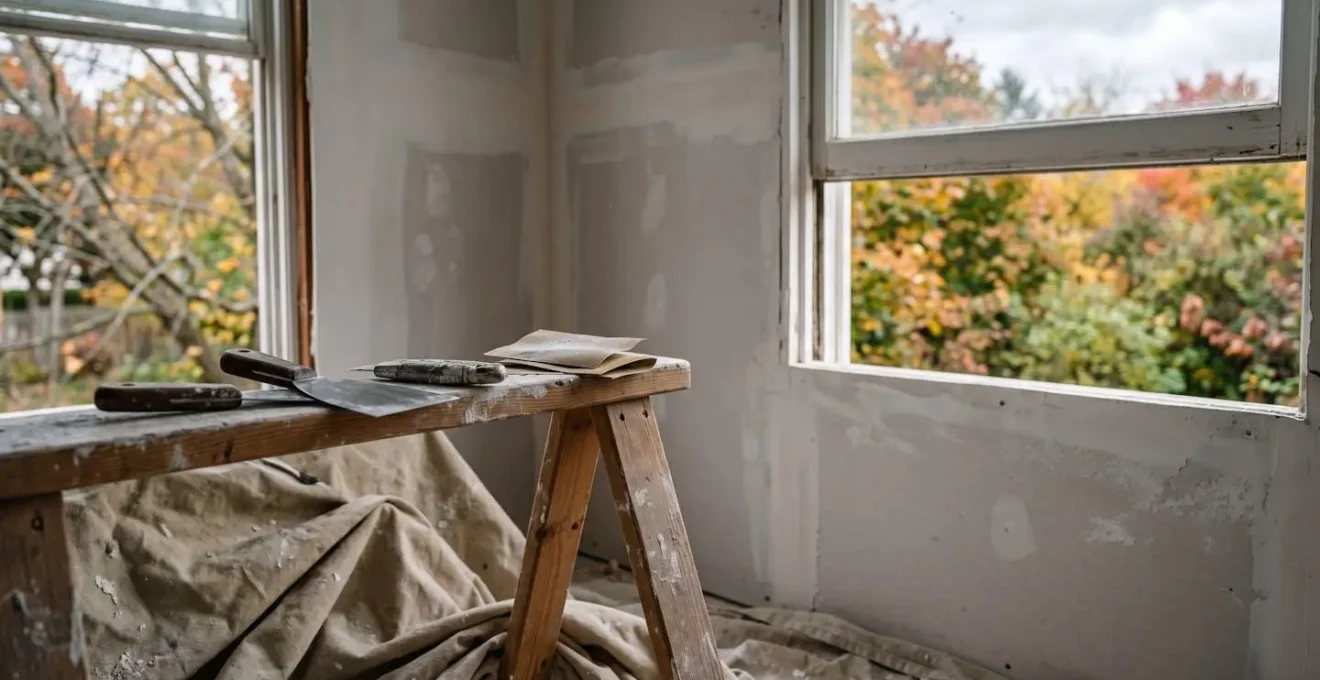 Interior renovation scene during autumn with open windows providing natural ventilation for dust control