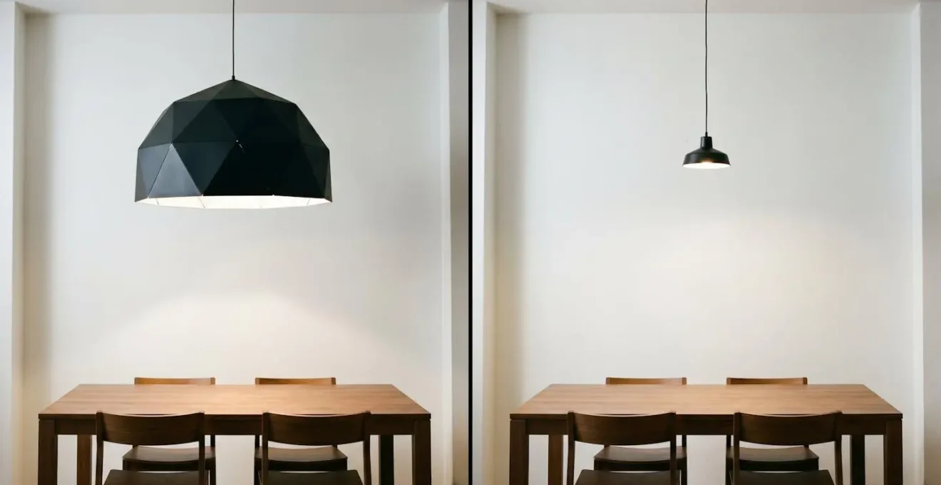 A split-screen image contrasting a large, well-proportioned statement light fixture that creates a bold focal point over a dining table, against a small, undersized fixture that looks lost in the same space.