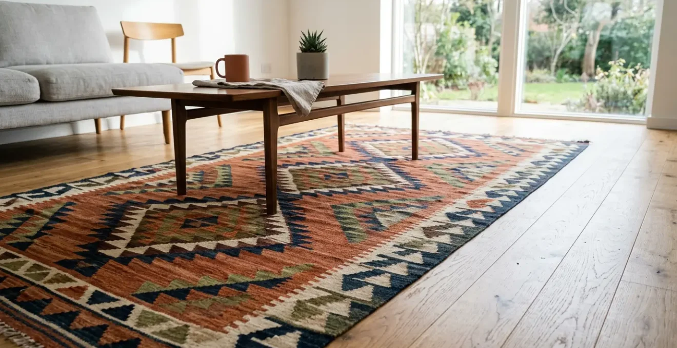 Flatweave kilim rug with geometric patterns in a modern high-traffic living room setting