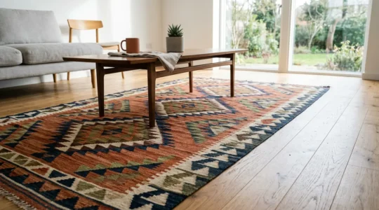 Flatweave kilim rug with geometric patterns in a modern high-traffic living room setting