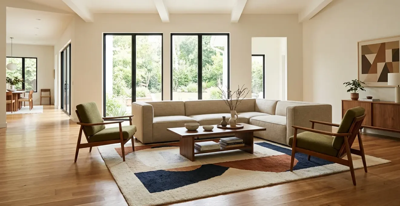 Modern living room featuring floating furniture arrangement anchored by carefully sized area rug with geometric pattern