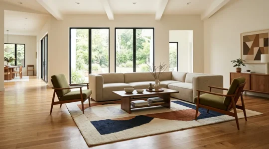 Modern living room featuring floating furniture arrangement anchored by carefully sized area rug with geometric pattern