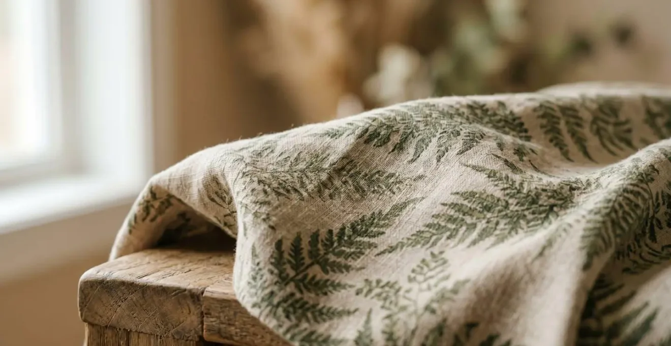 Close-up macro view of natural fractal patterns in organic home decor textile with calming mid-range complexity
