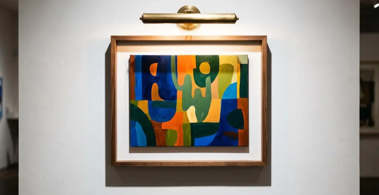 Digital art canvas with physical frame illuminated by picture light creating dimensional shadows